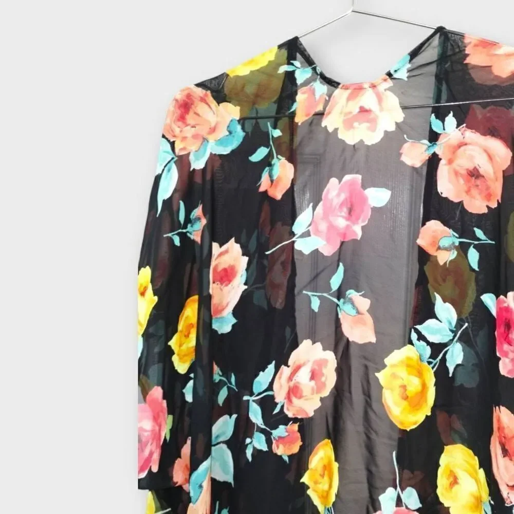 Womens Coverup Semi Sheer Black Red Pink Floral Knee Length Open Pom Poms Beachy